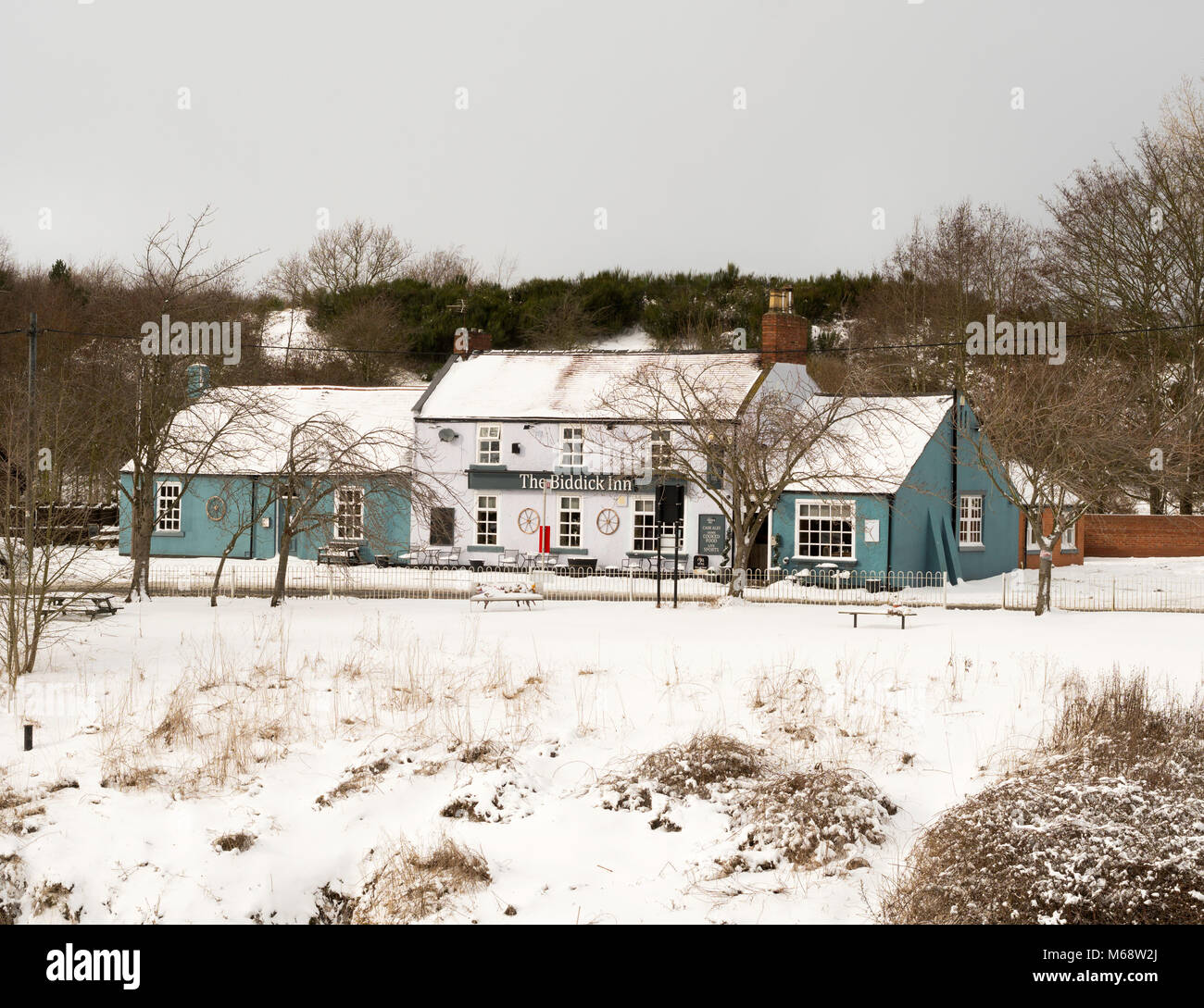The Biddick Inn, a country pub, Washington, Tyne and Wear, England, seen in wintry conditions Stock Photo