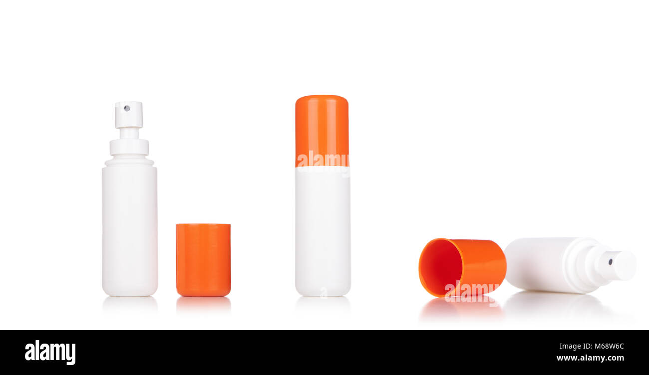 Spray Medicine Antiseptic Drugs Plastic Bottle whit orange lid isolated on  White. Ready For Your Design. Product Packing. Stock Photo