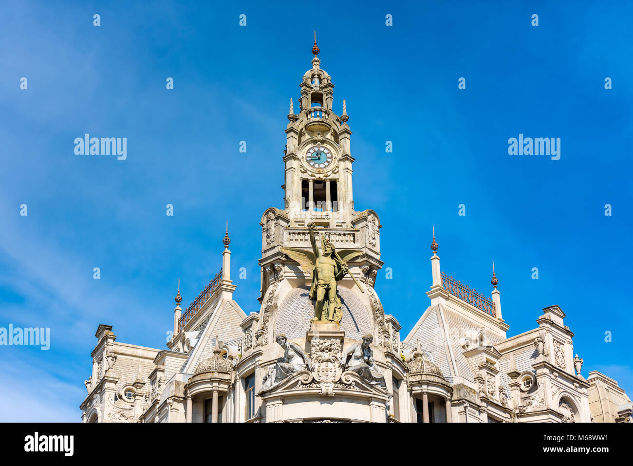 Detail of Old Building with Statue in Downtown District of Porto Portugal Stock Photo
