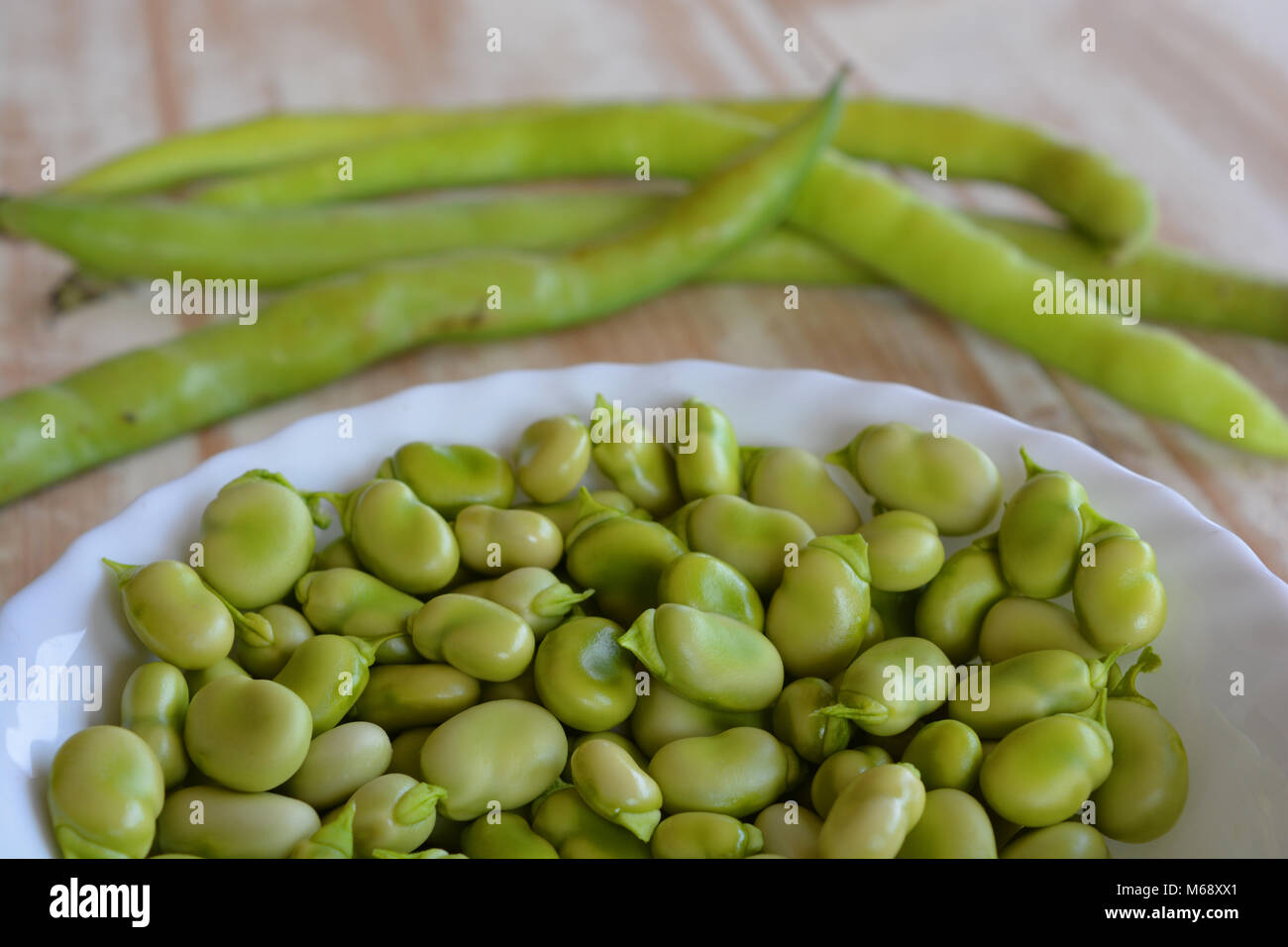 Broad bean, Vicia faba, also known as broad bean, fava bean, faba bean, field bean, bell bean, or tic bean, podded in a bowl with whole beans behind Stock Photo