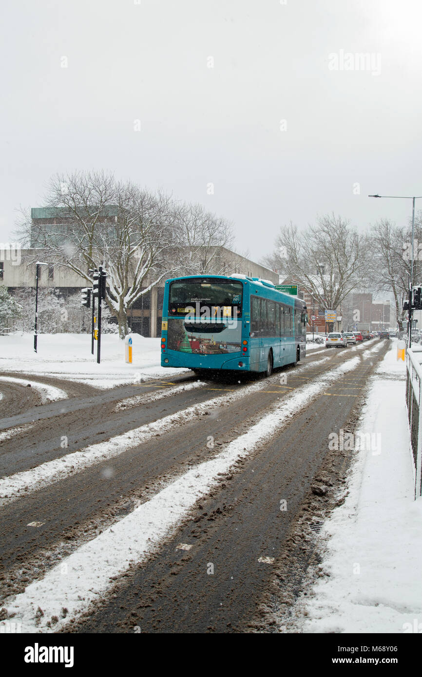 Southend On Sea, Essex, England, February 27th 2017, A bus picks its way through snow on Victoria Avenue. Stock Photo