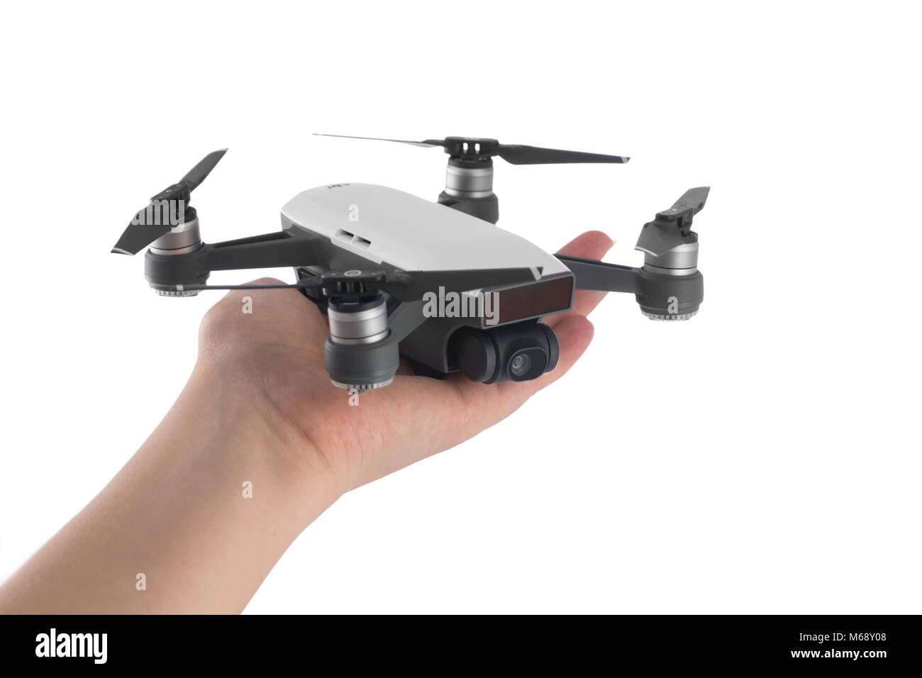 Varna, Bulgaria - February 14 ,2018: Flying drone quadcopter Dji Spark is  mini drone that features all of DJI's signature technologies, isolated on  wh Stock Photo - Alamy
