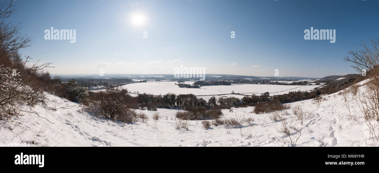 The Beast from the East coating snow south facing view over Trottiscliffe, Hadlow, Bedgebury, Weald, Wrotham, Paddock Wood, Sissinghurst, Wateringbury Stock Photo