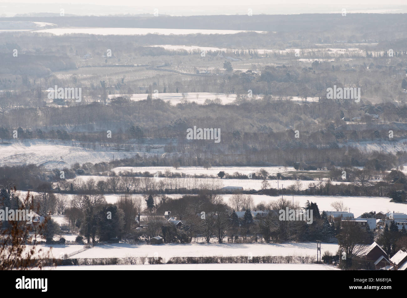 The Beast from the East coating snow south facing view over Trottiscliffe, Hadlow, Bedgebury, Weald, Wrotham, Paddock Wood, Sissinghurst, Wateringbury Stock Photo