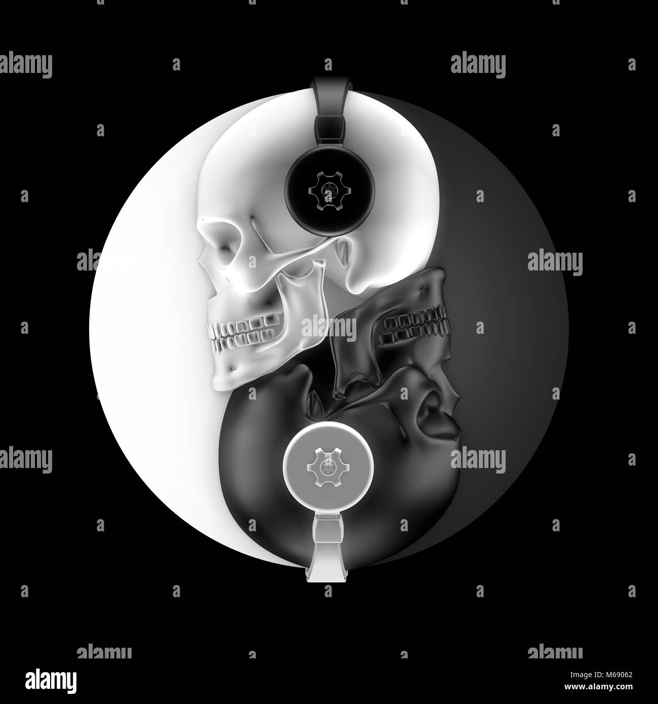 Headphone skulls harmony / 3D illustration of black and white skulls with headphones forming yin yang symbol Stock Photo