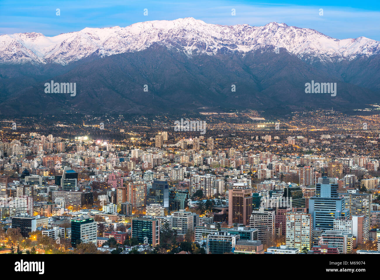 Panoramic view of Providencia district with Los Andes Mountain Range in the back, Santiago de Chile Stock Photo