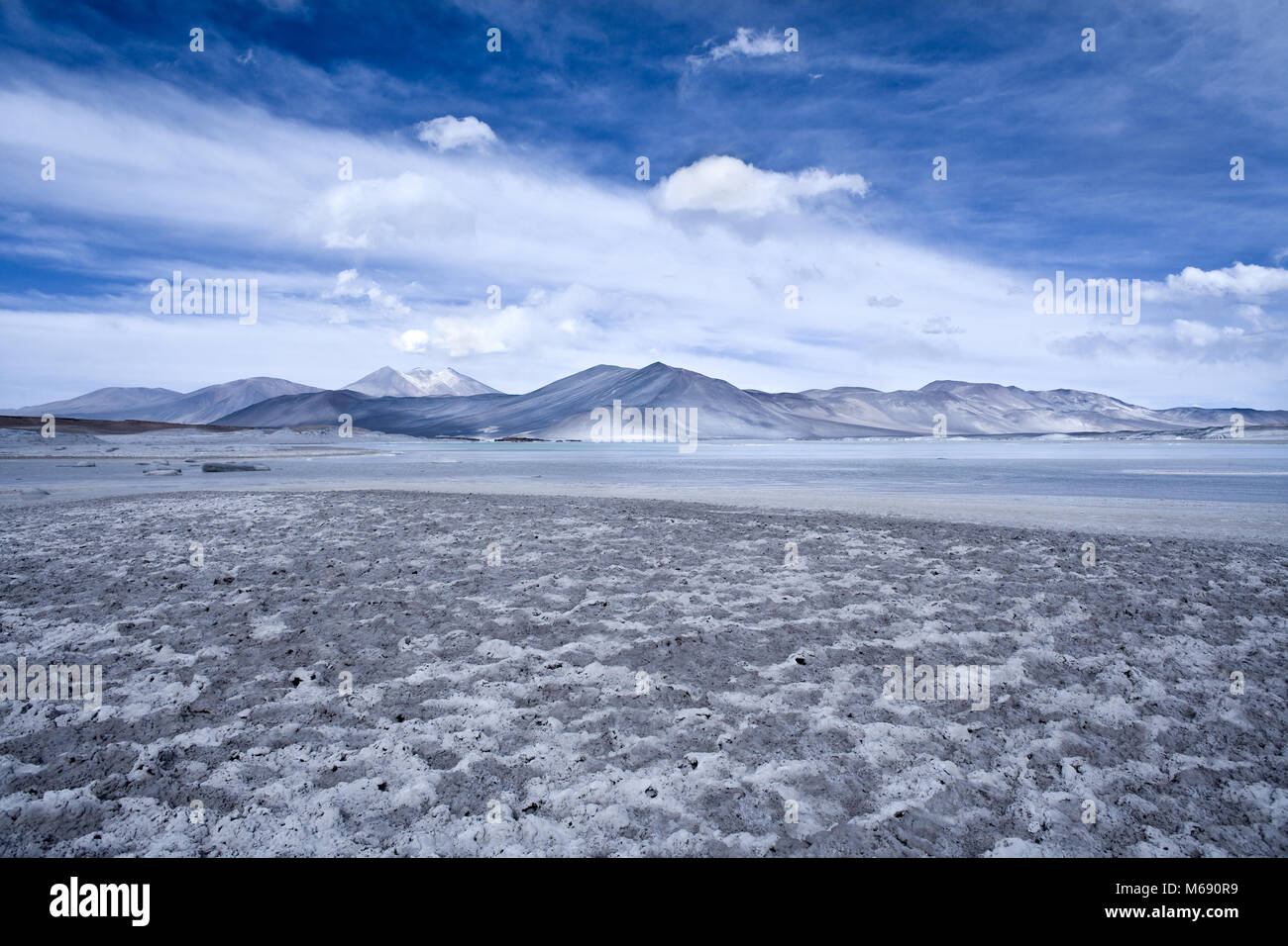 Salar de Aguas Calientes (Spanish for Hot Waters Salt Lake) and lagoon in the Altiplano (high Andean plateau) over 4000 meters over the sea level, Los Stock Photo