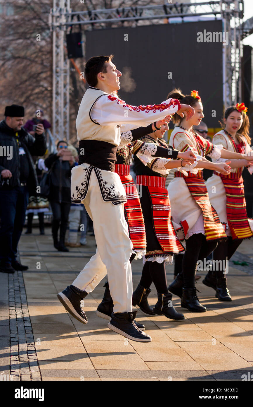 PERNIK, BULGARIA - JANUARY 26, 2018: Male dancer in Bulgarian folklore