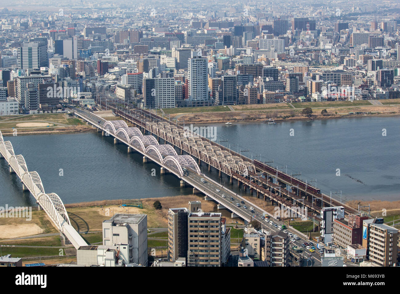 The view from the Umeda Sky Building looking toward the Yodo River, Osaka Prefecture, Japan Stock Photo
