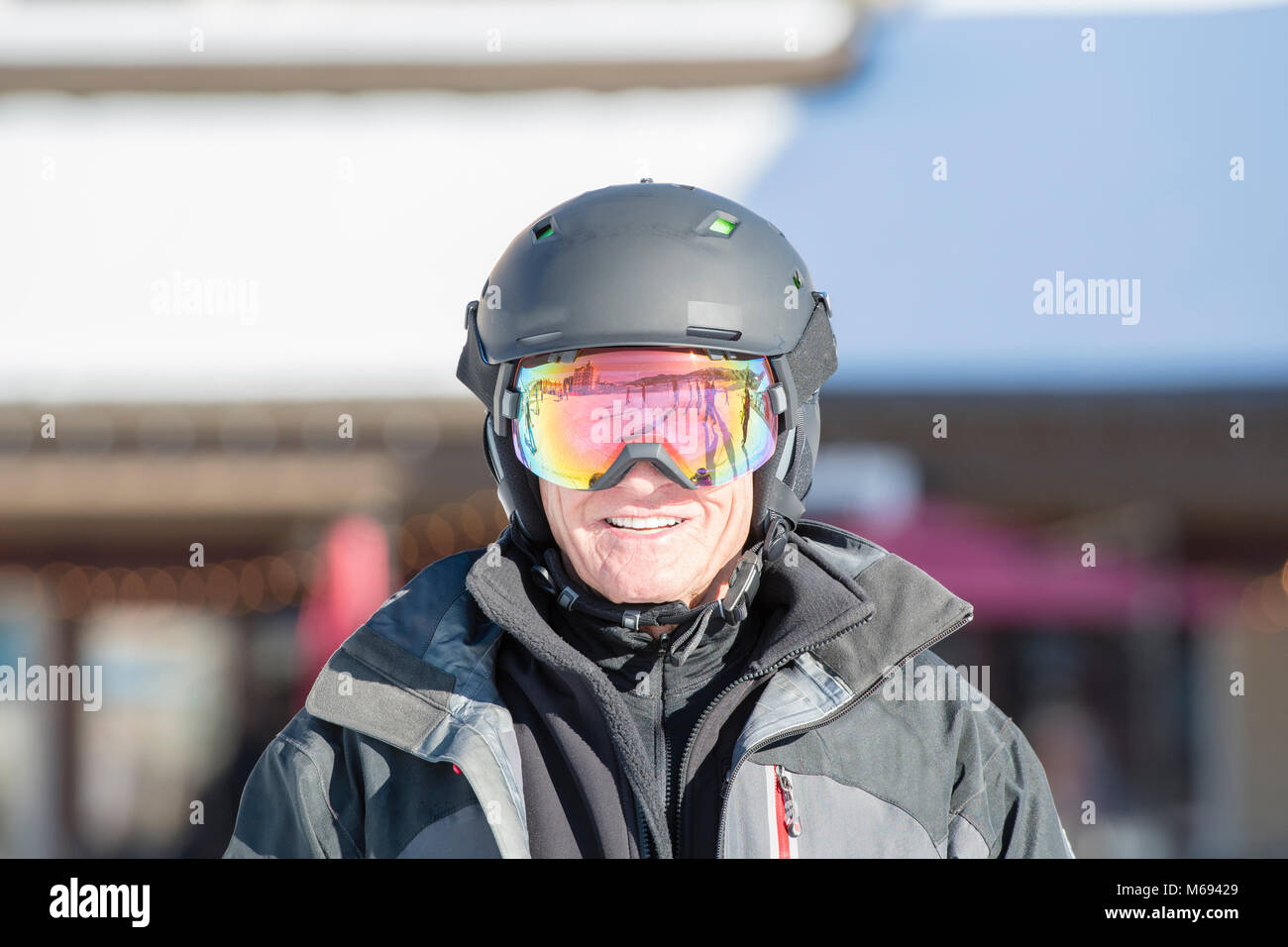 Older Man Ready to Ski with all Safety Gear at a Colorado Ski Resort ...