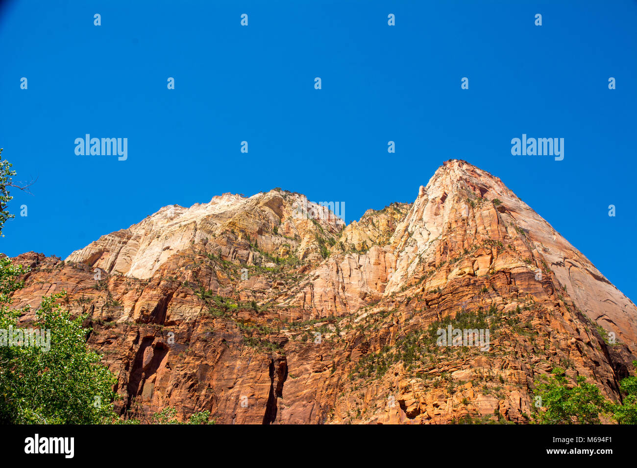 View of Peaks at top of cliffs at Zion National Park Stock Photo