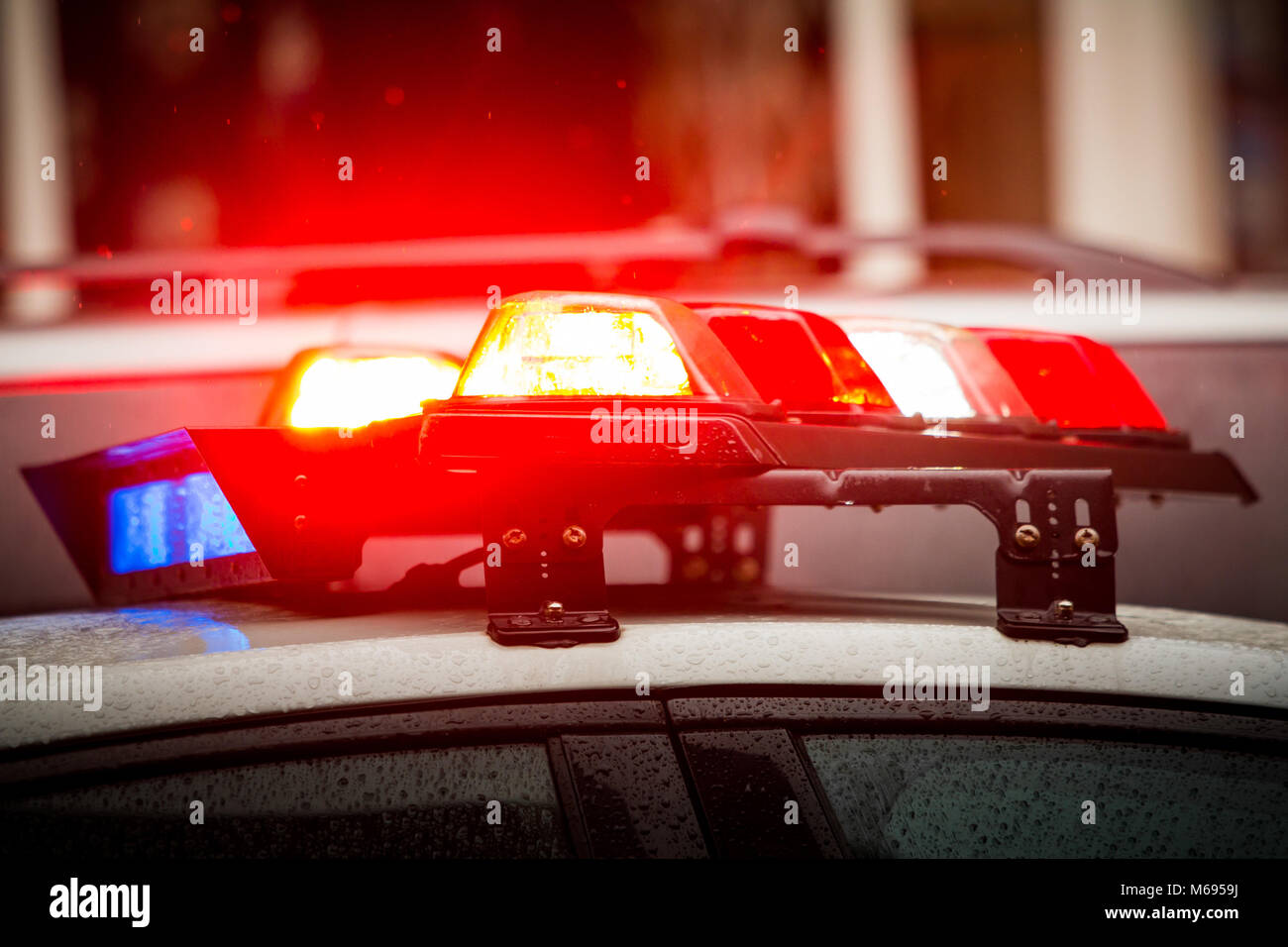 Police emergency lights with warning text close up display Stock Photo