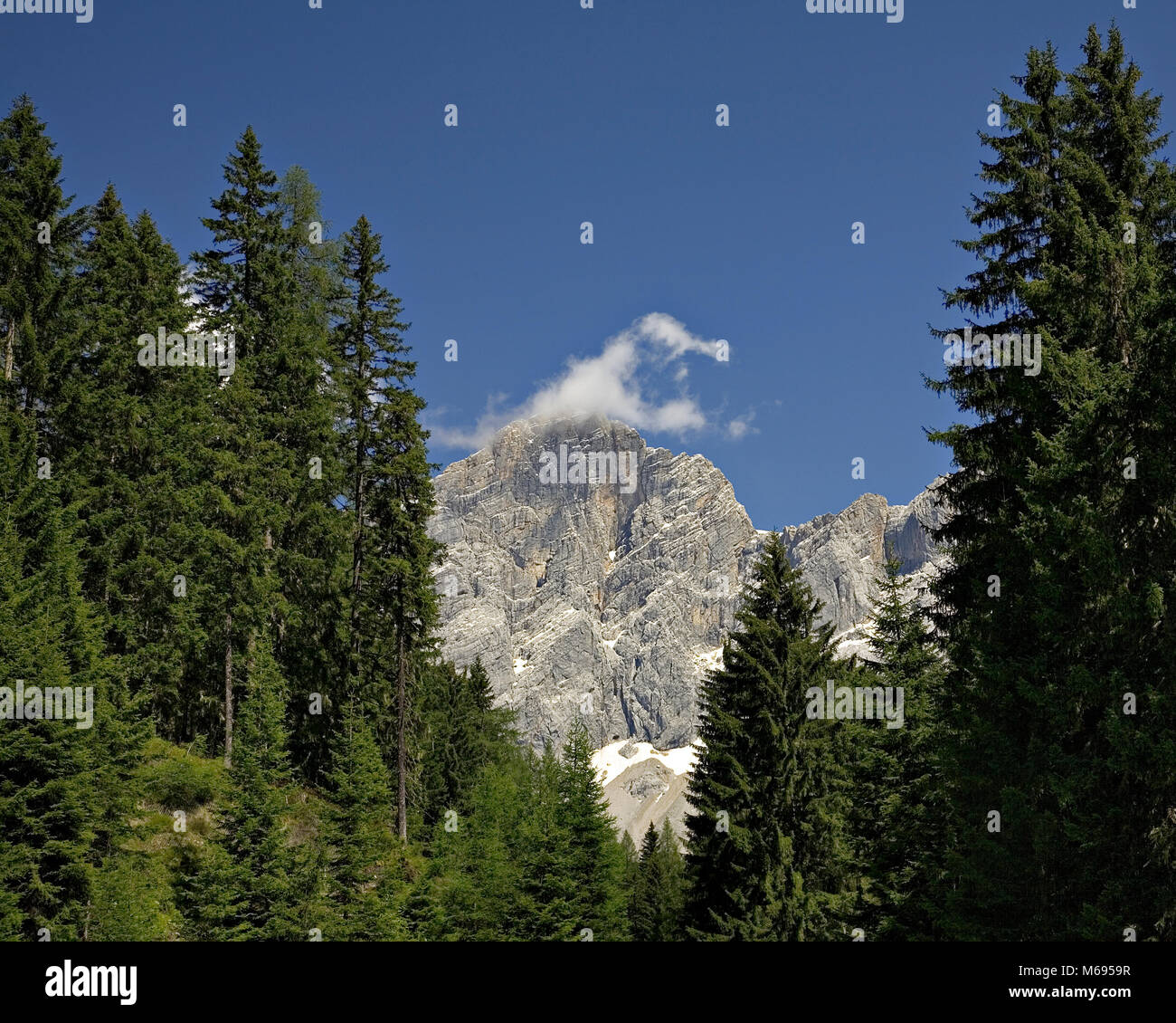 Dachstein mountains with cloud and forest, Austria Stock Photo