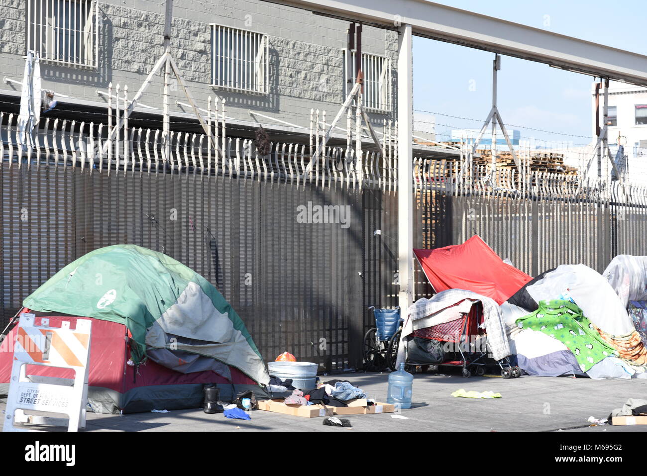 Scenes from Skid Row an area of Downtown Los Angeles which is one of the largest stable populations (between 5,000 and 8,000) of homeless people. Stock Photo