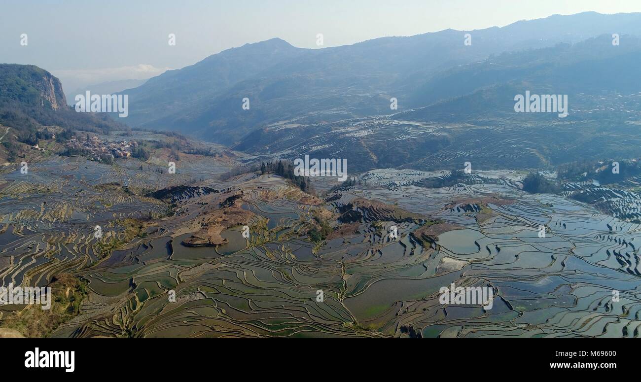 Aerial view on world's most spectacular rice fields, the Yuanyang Hani Rice Terraces in southeastern Yunnan province, China. UNESCO World Heritage Stock Photo