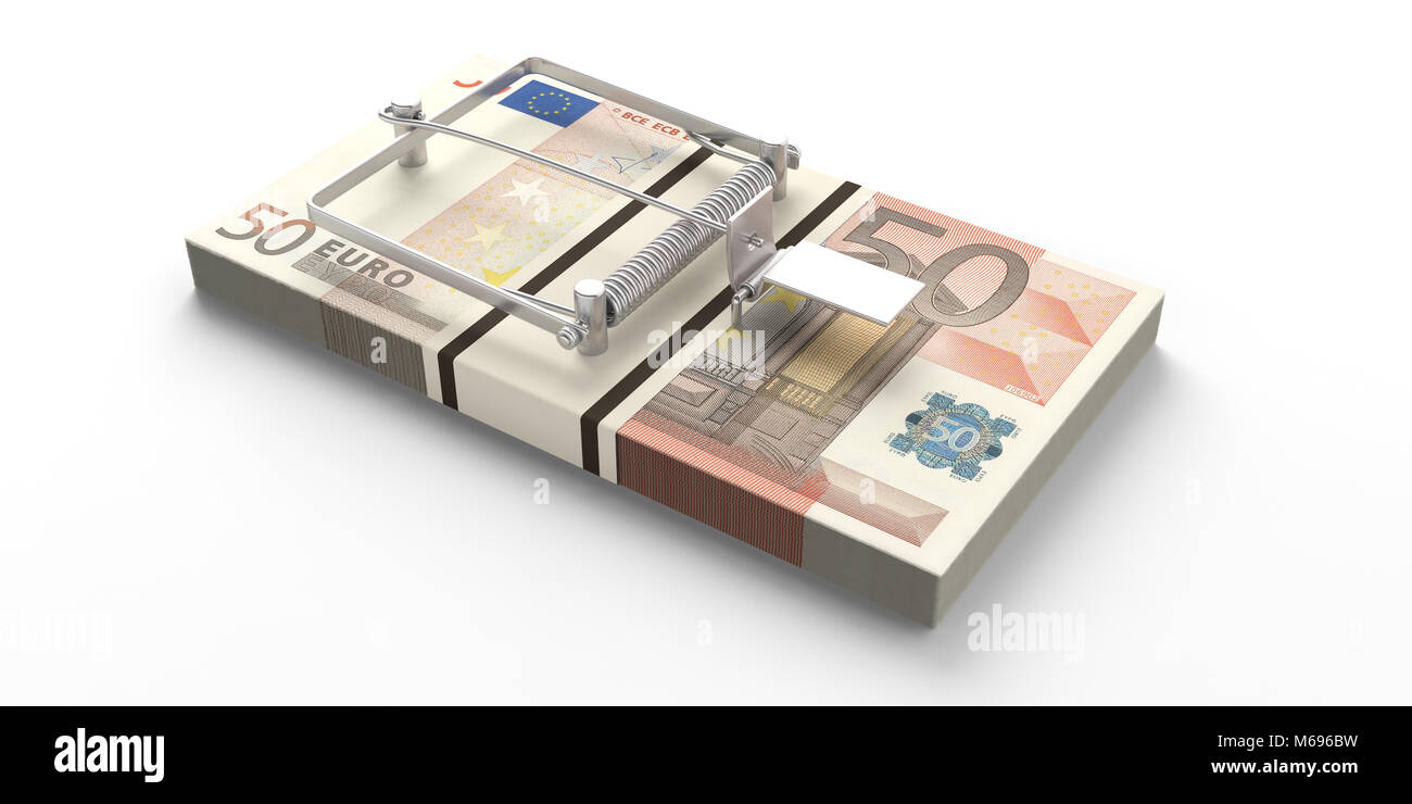 Fifty euros banknotes mouse trap isolated on white background. 3d illustration Stock Photo