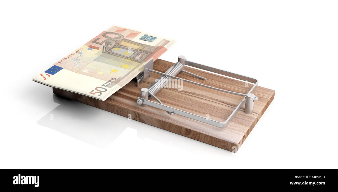 Fifty euros banknotes on a mouse trap isolated on white background. 3d illustration Stock Photo