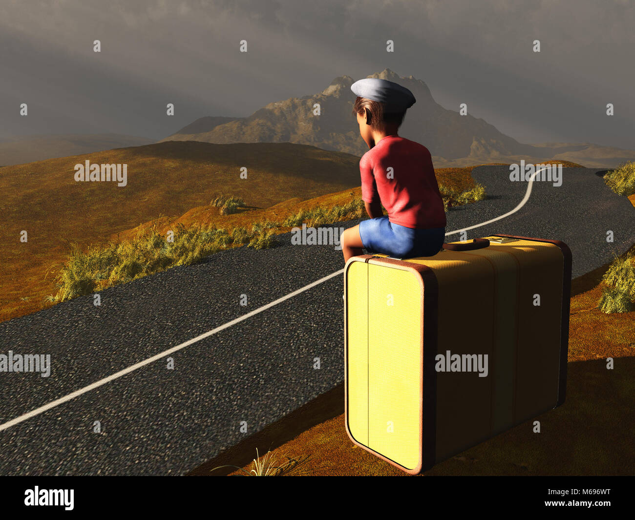 Boy sitting on a suitcase at a roadside Stock Photo Alamy
