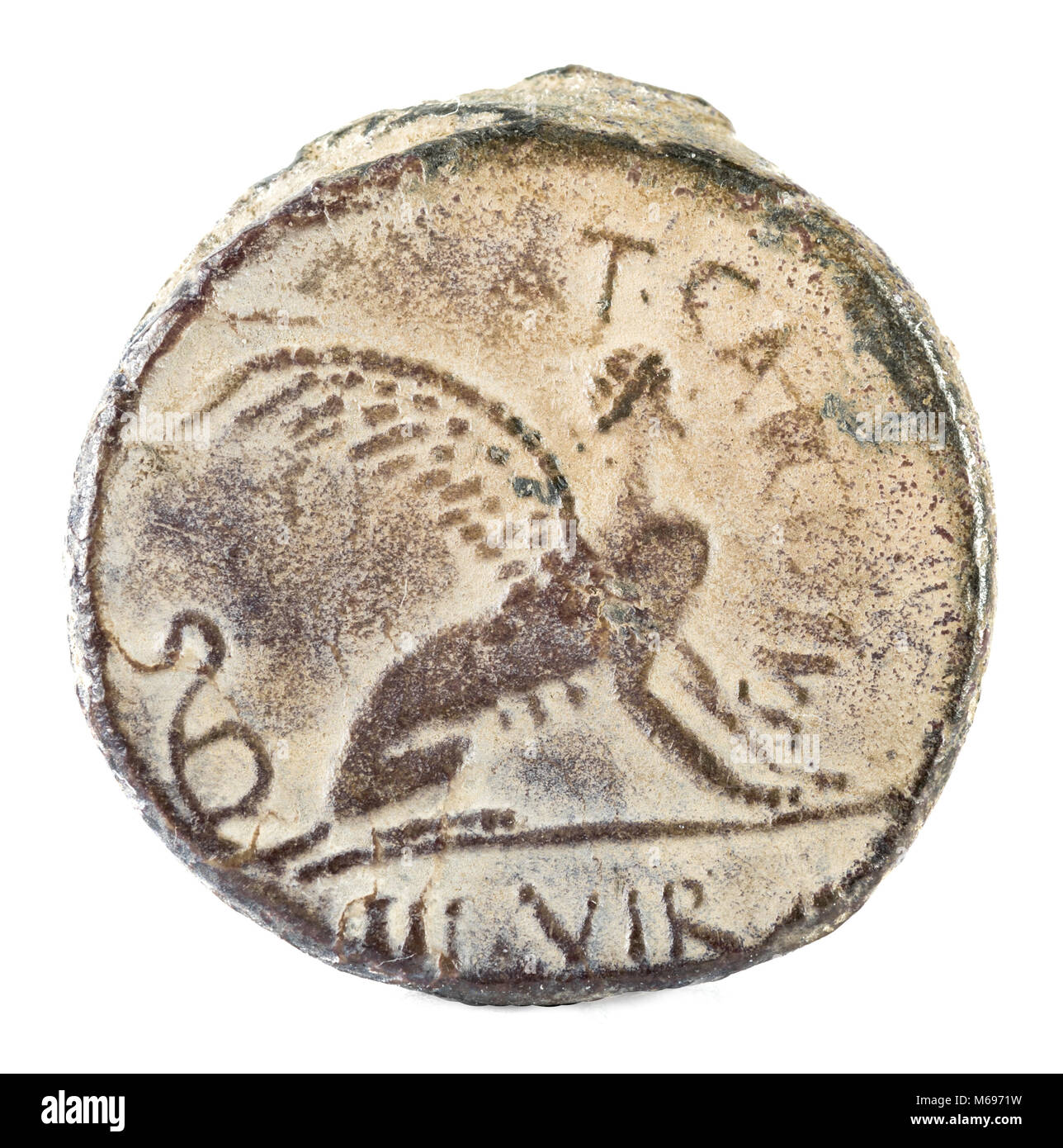 Roman Republic Coin. Ancient Roman silver denarius of the family Carisia. Reverse. Stock Photo