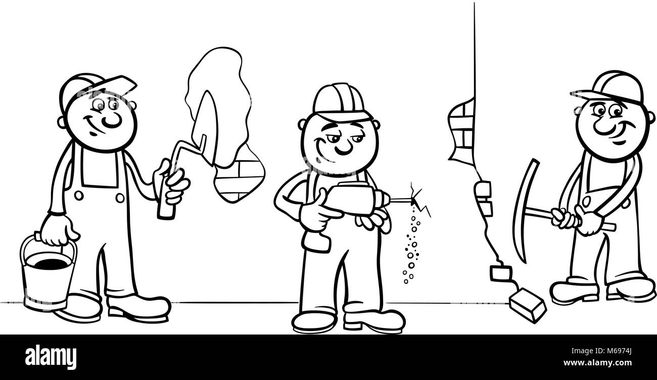 Black and White Cartoon Illustration of Manual Workers or Builders Characters at Work Coloring Book Stock Vector