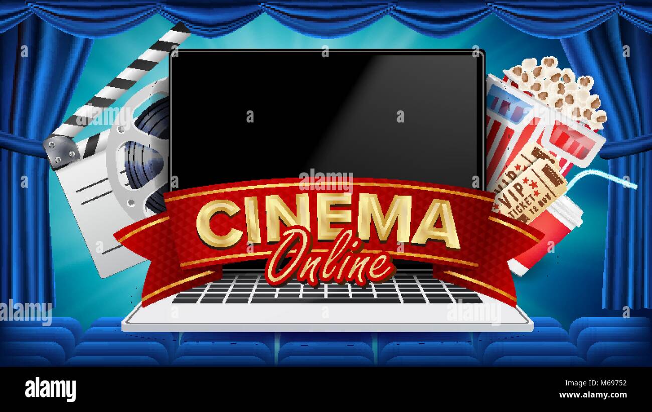 Online Cinema Poster Vector. Modern Laptop Concept. Home Online Cinema.  Theater Curtain. Package Full Of Jumping Popcorn. Luxury Banner, Poster  Illustration Stock Vector Image \u0026 Art - Alamy