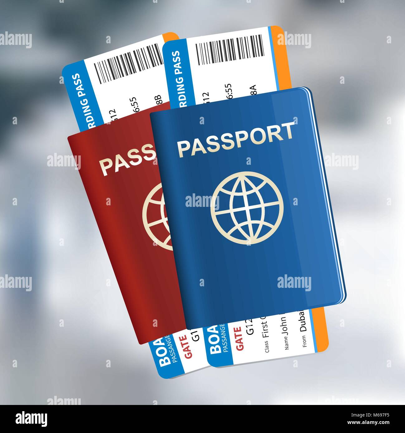 Two International passports with tickets on the airport background. Air travel concept. Vector illustration. Stock Vector
