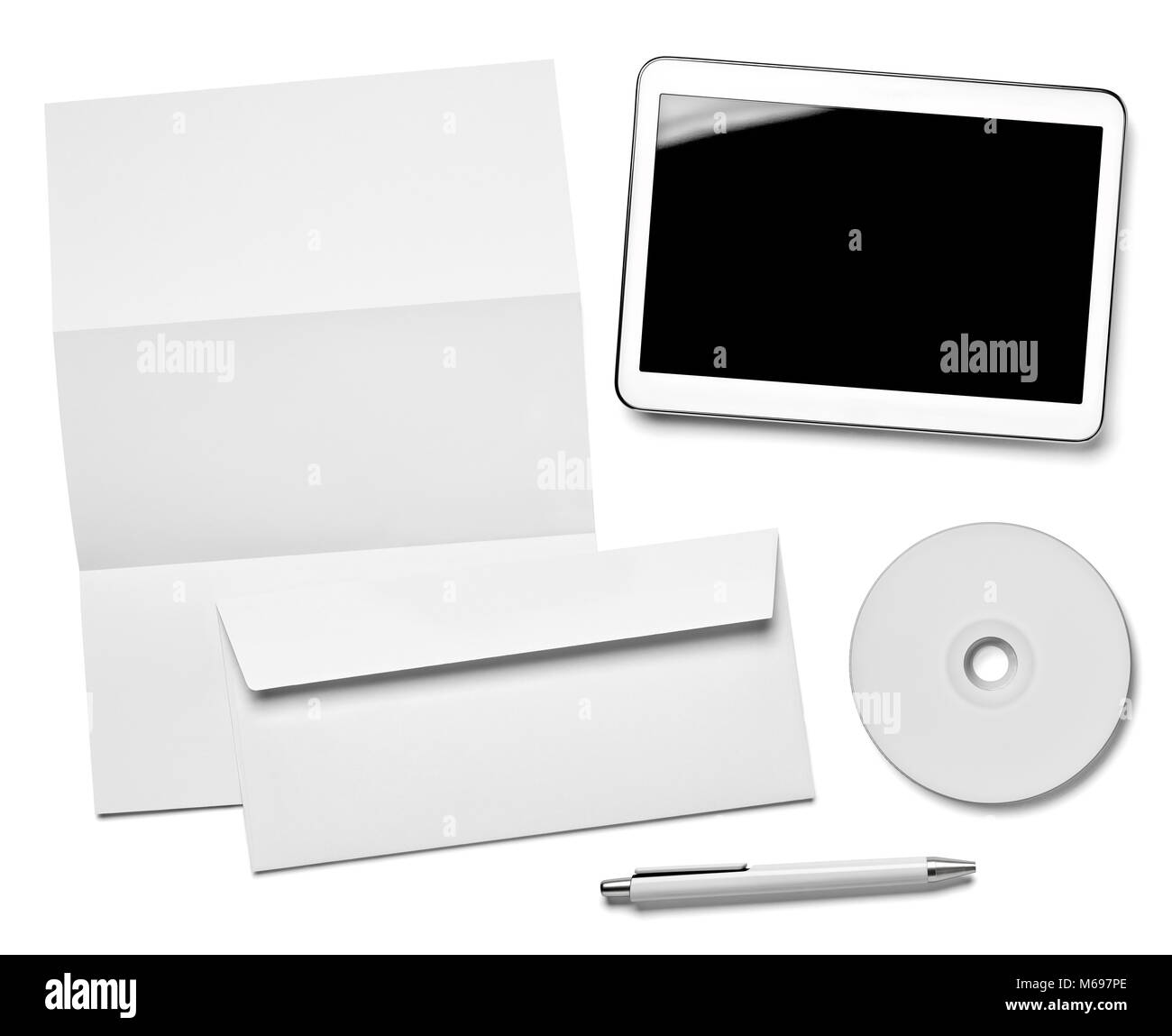 collection of  various white business print and phone,tablet and dvd templates on white background. each one is shot separately Stock Photo