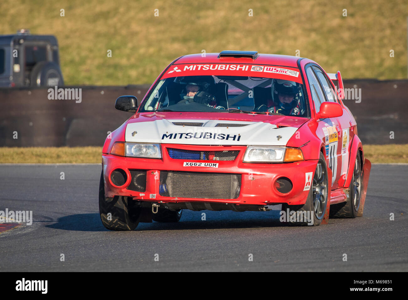 David Daniel and Stuart Kingham in the Mitsubishi Evo 6 during the Motorsport News 2018 Snetterton Stage Rally, Norfolk, UK. Stock Photo