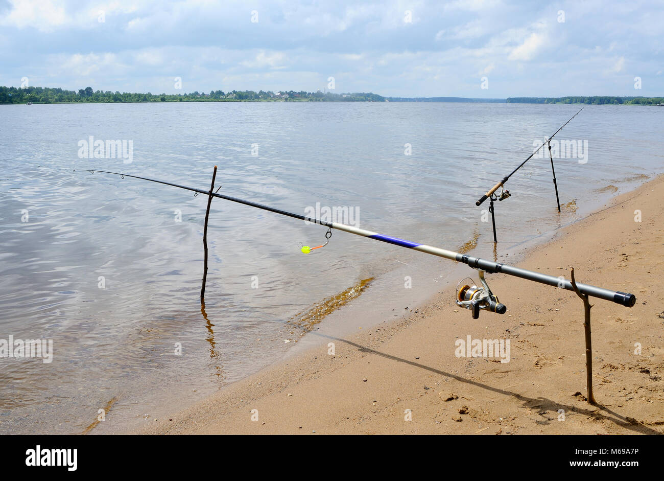 Fishing on the lake in the summer Stock Photo