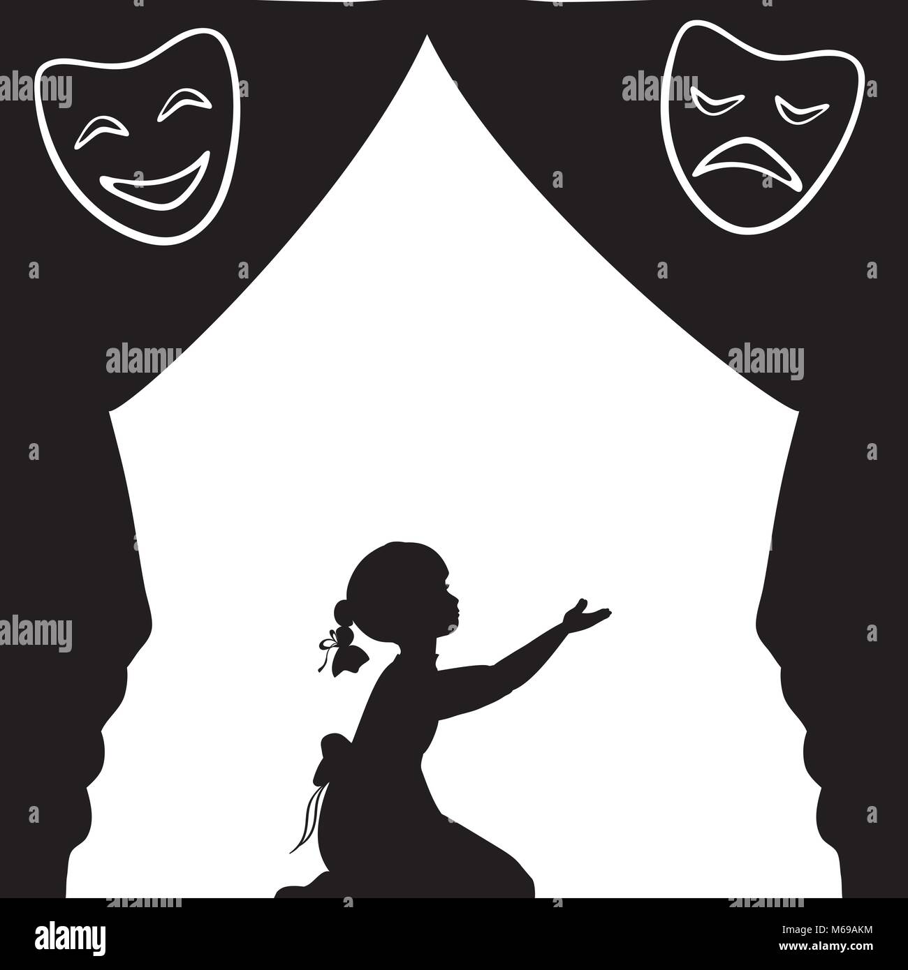 Silhouette girl plays the stage. World theatre day. Stock Vector