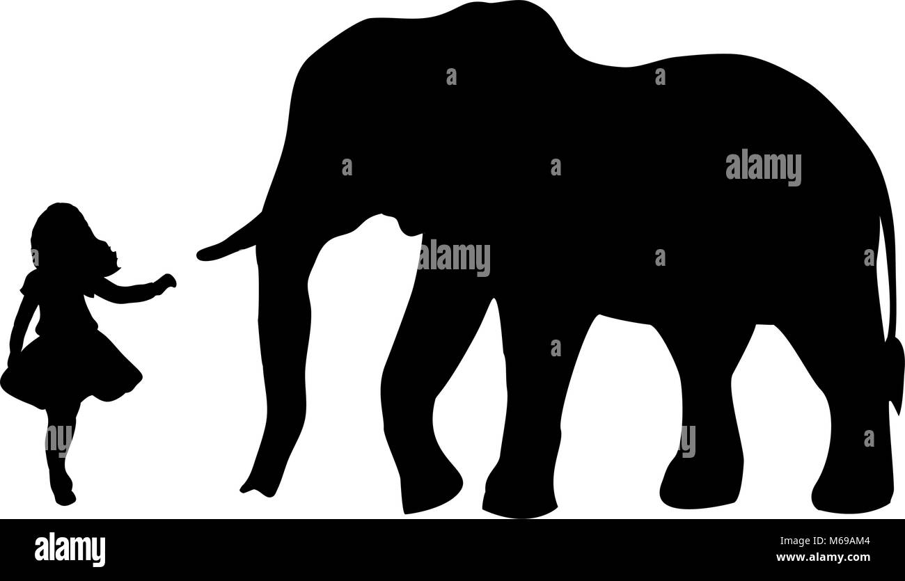 Silhouette girl wants to touch elephant. World Wildlife Day. Stock Vector