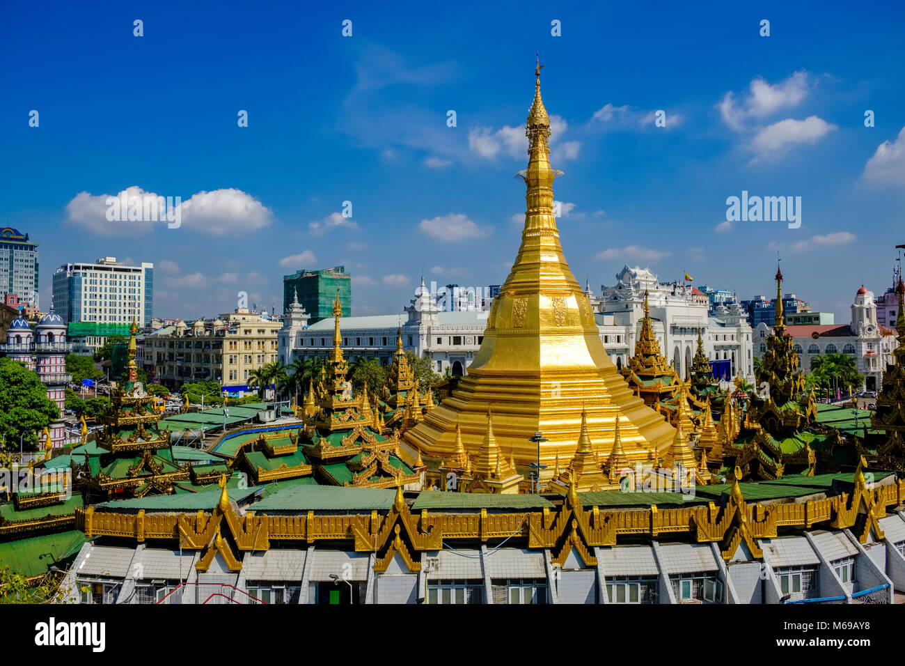 The golden Sule pagoda, one of the big pagodas, is located in the centre of town Stock Photo