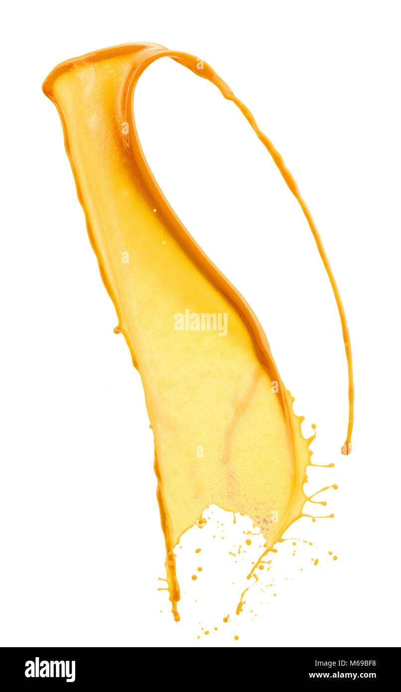 Orange juice splash isolated on white background Stock Photo - Alamy