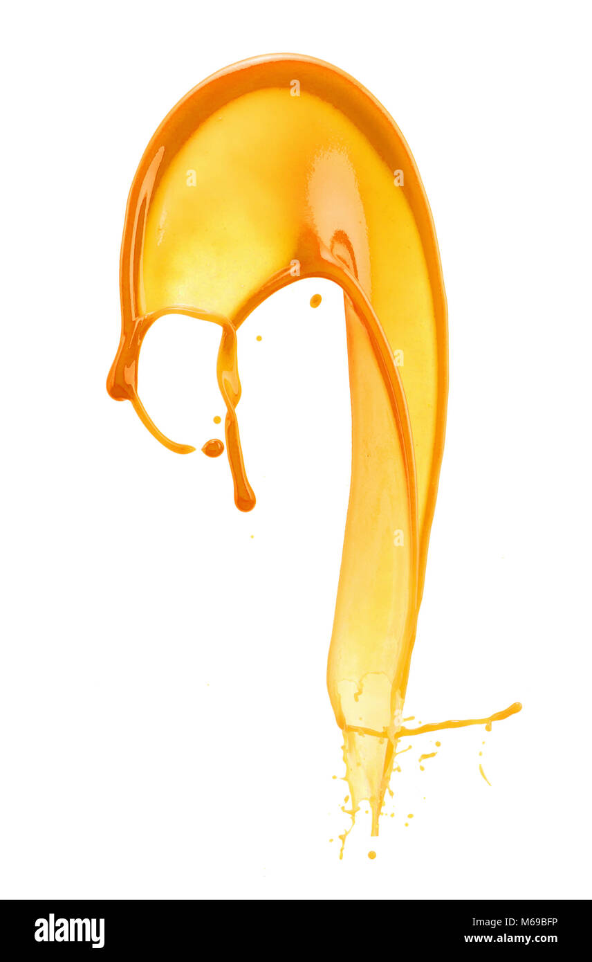 Orange juice splash isolated on white background Stock Photo - Alamy