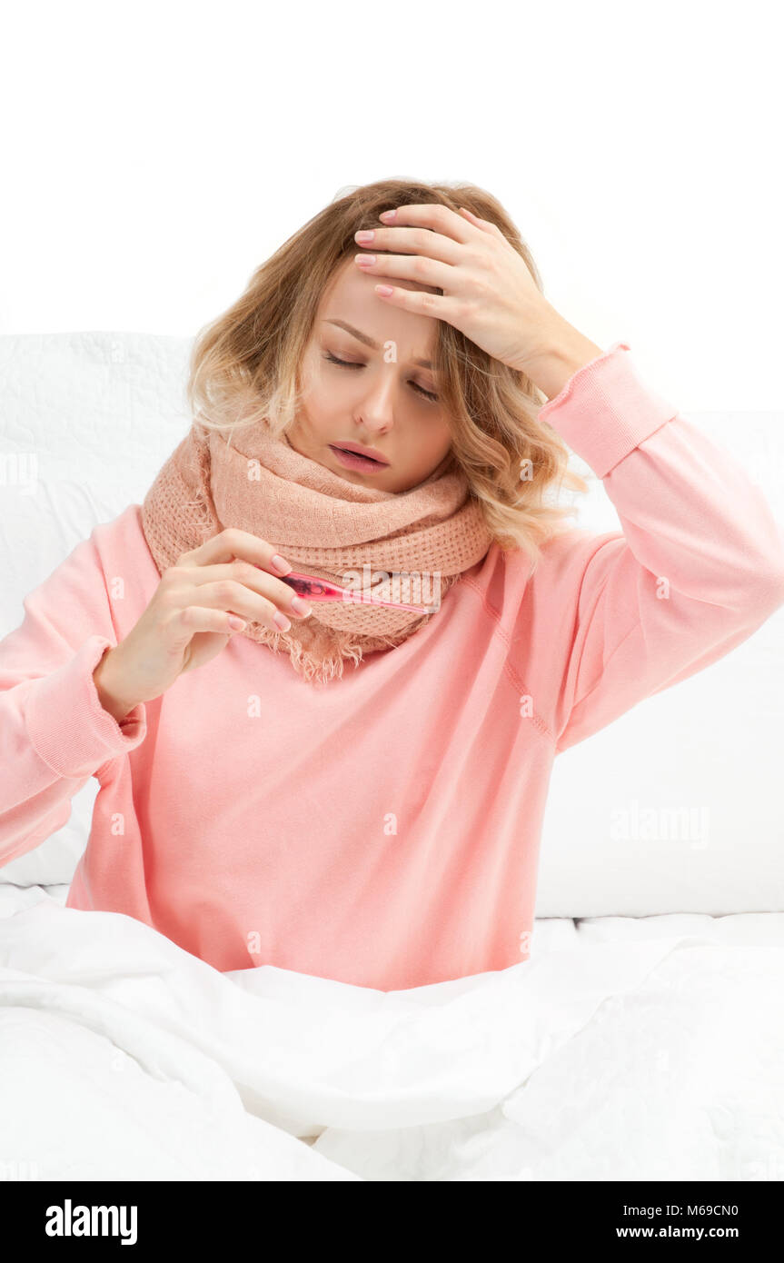 Woman has headache. Flu, sore throat and fever Stock Photo Alamy