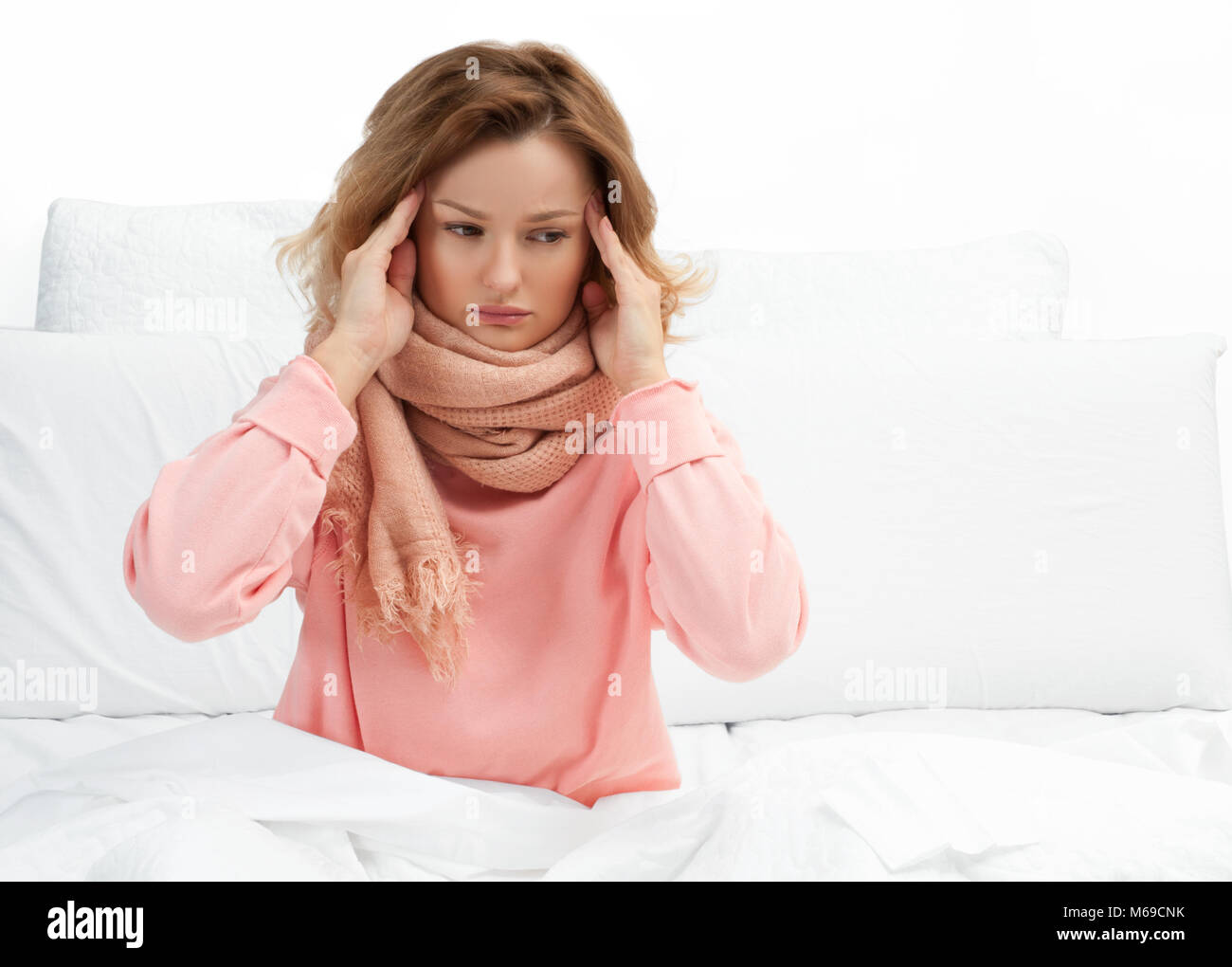 Woman has headache. Flu, sore throat and fever Stock Photo Alamy