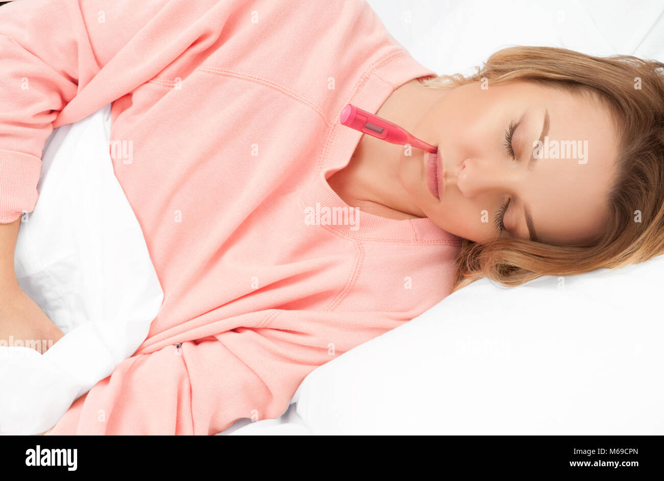Woman having fever, flu. Sore throat and coughing Stock Photo Alamy