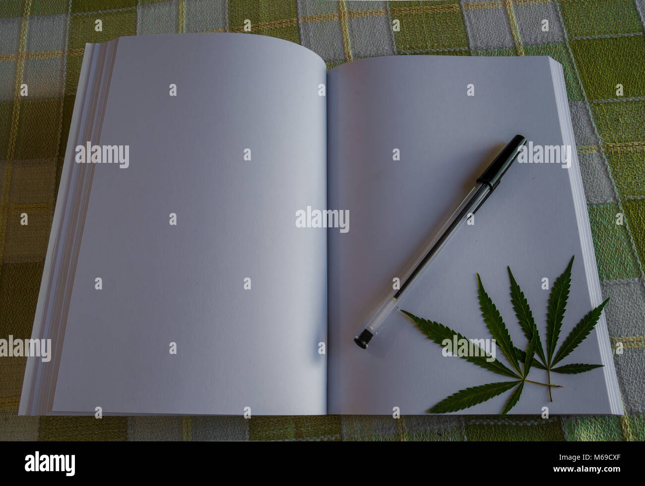 Notebook in blank with some green marijuana leaves and black pen. Background of a yellow checkered fabric with space to edit or add text, elements... Stock Photo