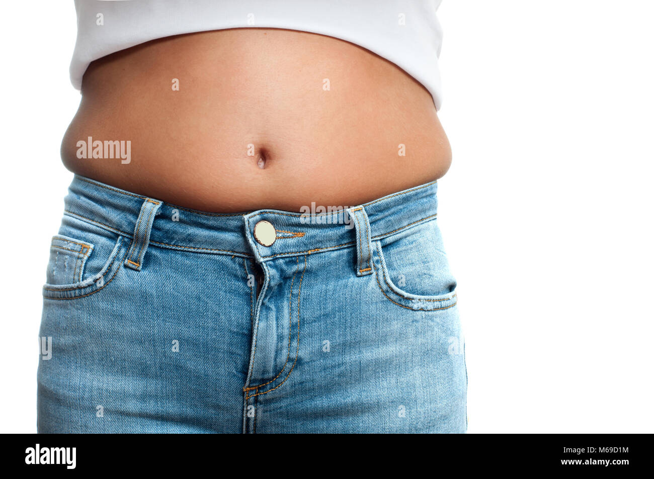 Overweight woman in jeans and fat on hips and belly Stock Photo - Alamy