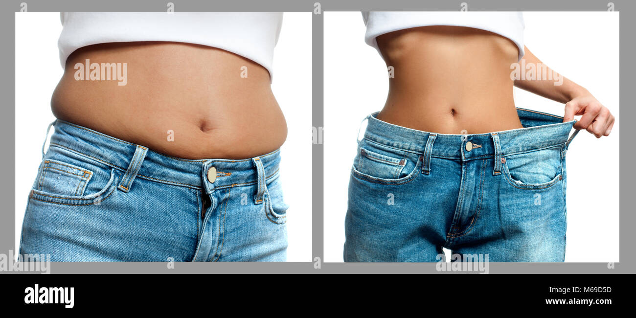 Premium Photo  Female body before and after weight loss diet concept woman  is measuring belly and legs in jeans