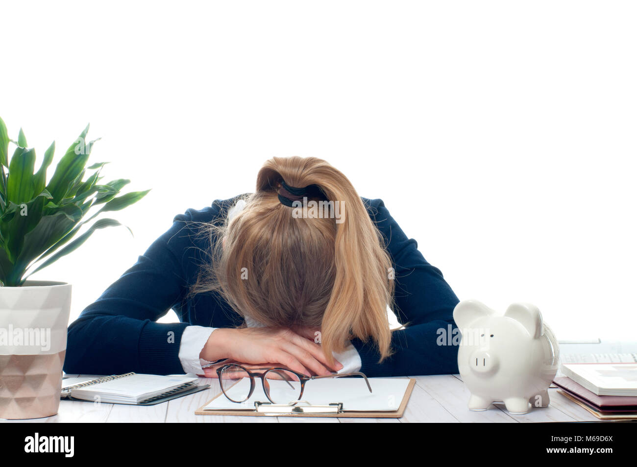 Overworked And Tired Young Woman Sleeping On Desk At Office Too