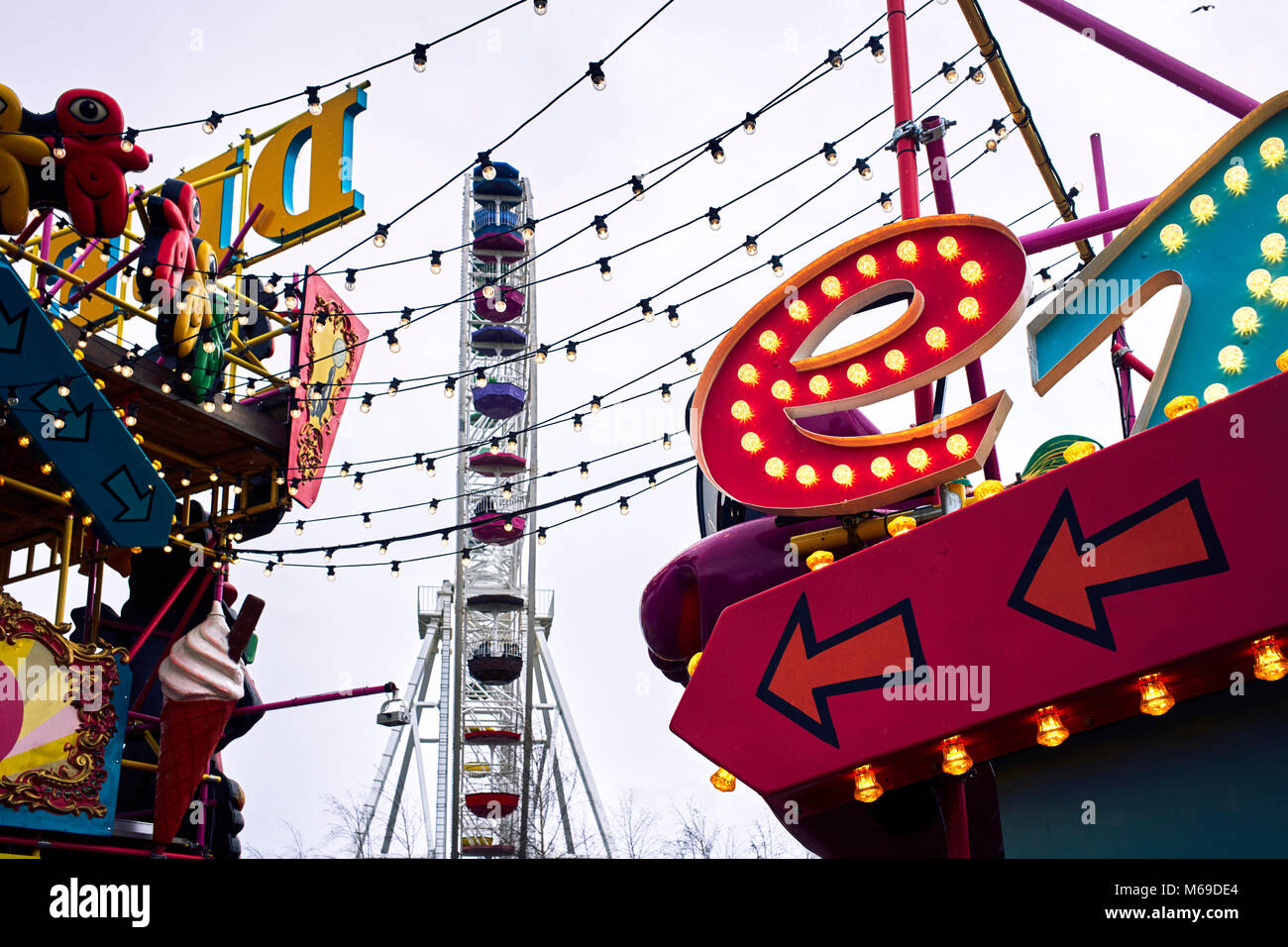 Entrance to Dreamland funfair in Margate, Kent with big wheel and light bulbs Stock Photo Alamy