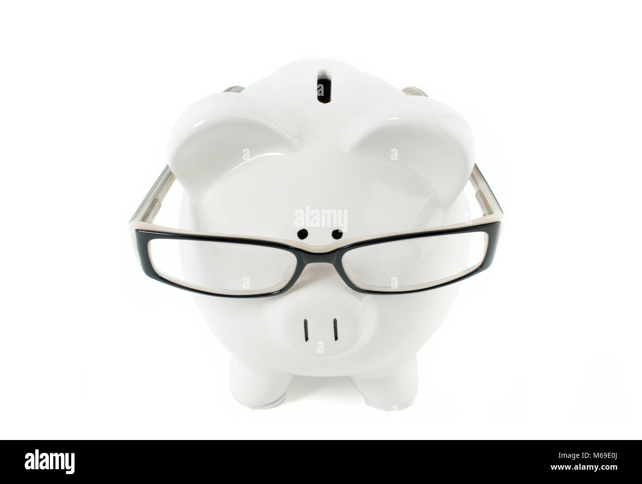 Front view. White piggy bank in glasses isolated on white Stock Photo ...