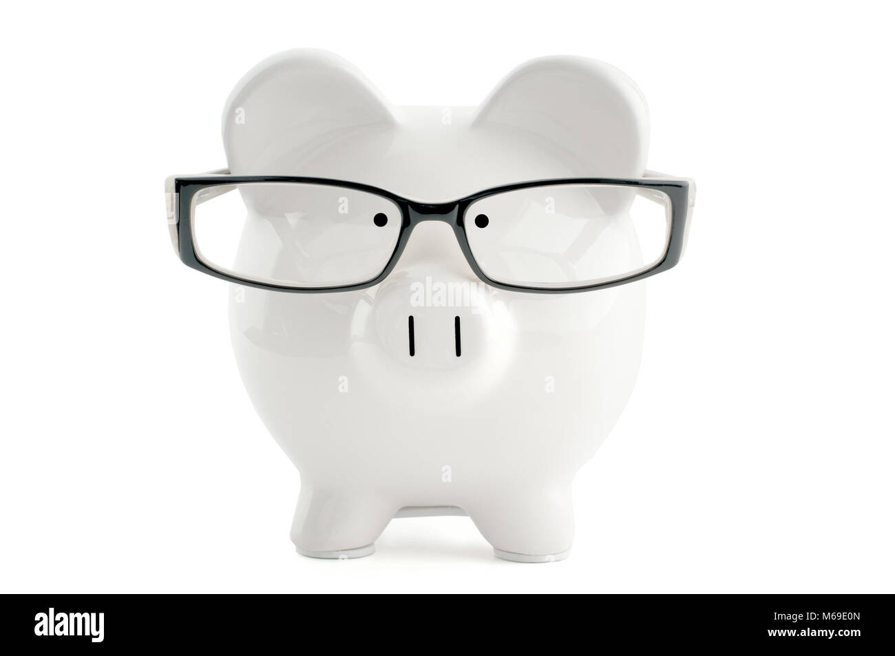 Front view. White piggy bank in glasses isolated on white Stock Photo ...