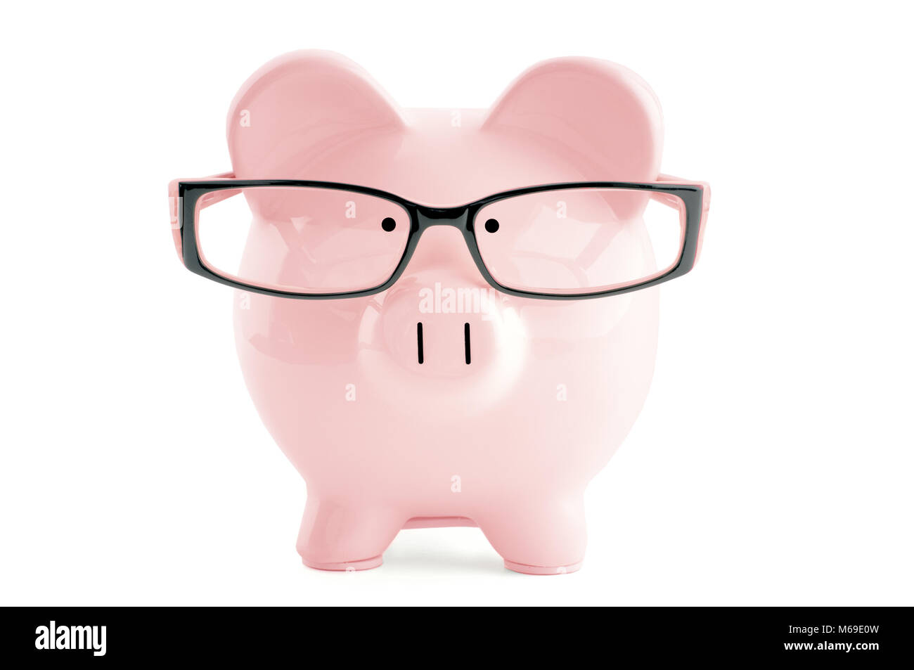 Front view. Pink piggy bank in glasses isolated on white Stock Photo ...