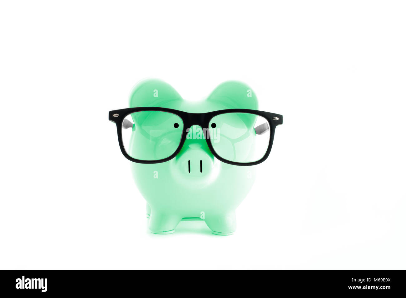 Front view. Green piggy bank in glasses isolated on white Stock Photo ...