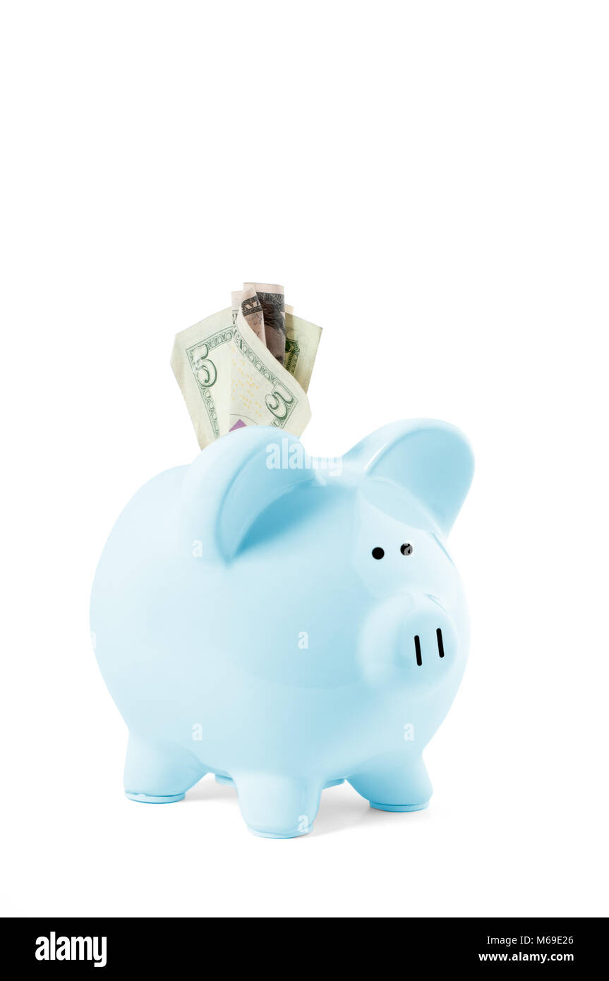 Savings concept. Piggy bank and dollar banknotes on white background ...