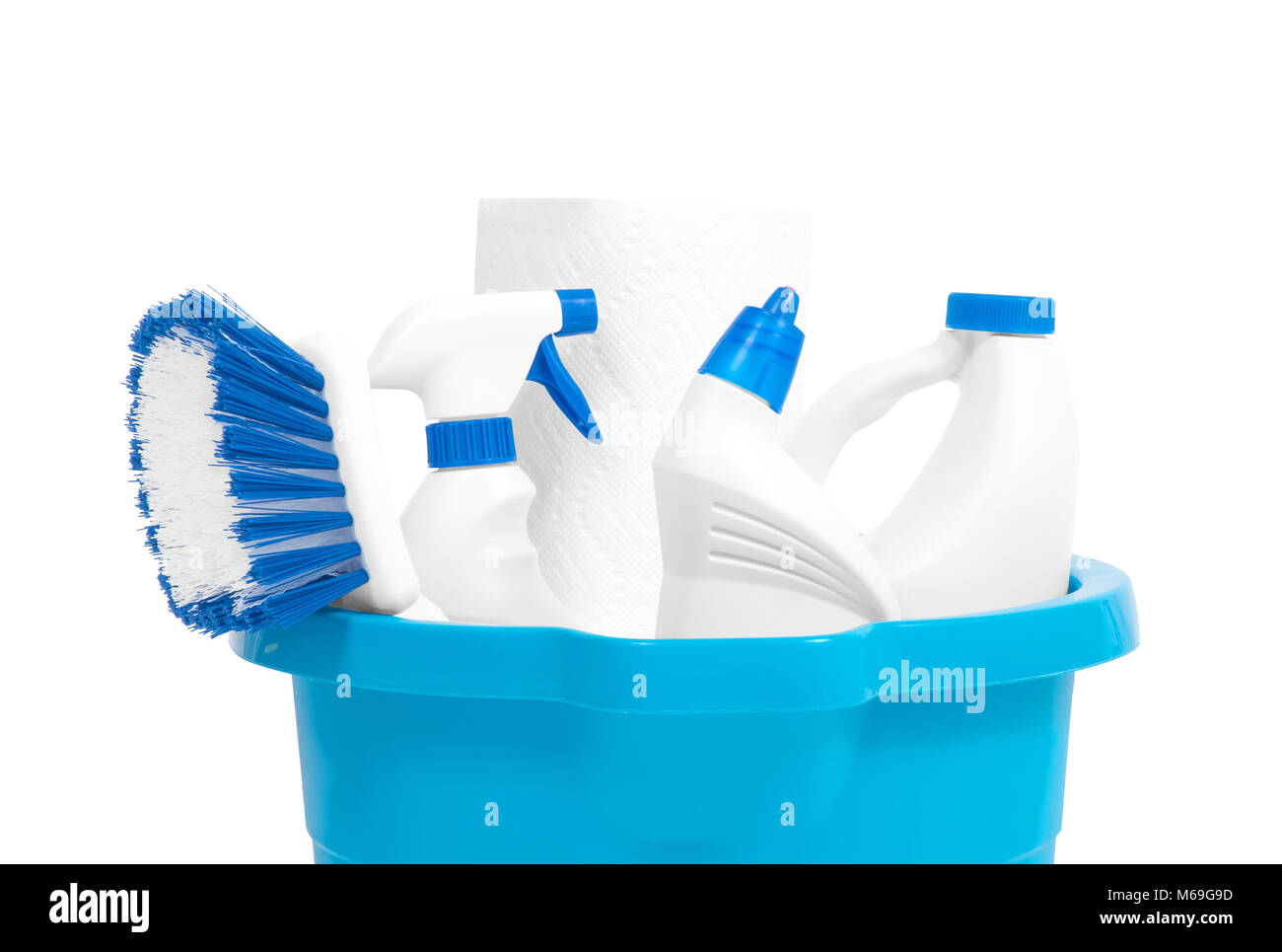 Variety of cleaning products in a bucket Stock Photo Alamy
