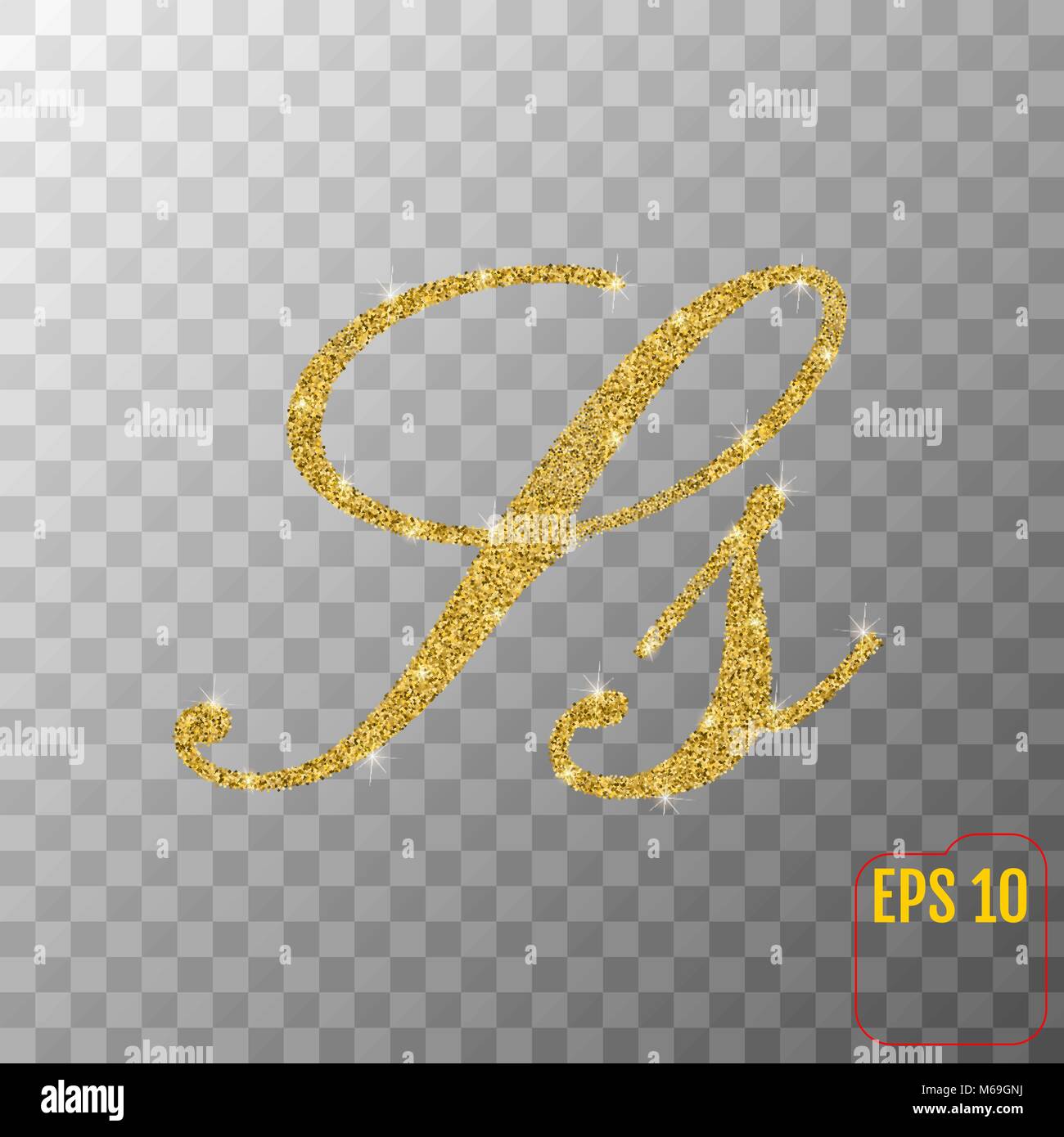 Gold glitter powder letter S in hand painted style on transparent background. Golden font type letter S, uppercase. Vector illustration. Stock Vector