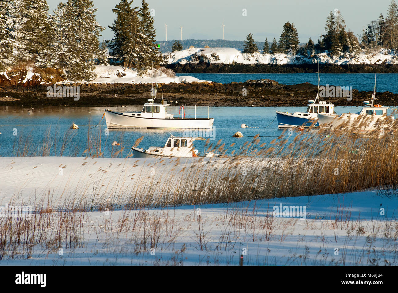 Fishing boats stay safe in snow covered Owls Head Harbor in Maine